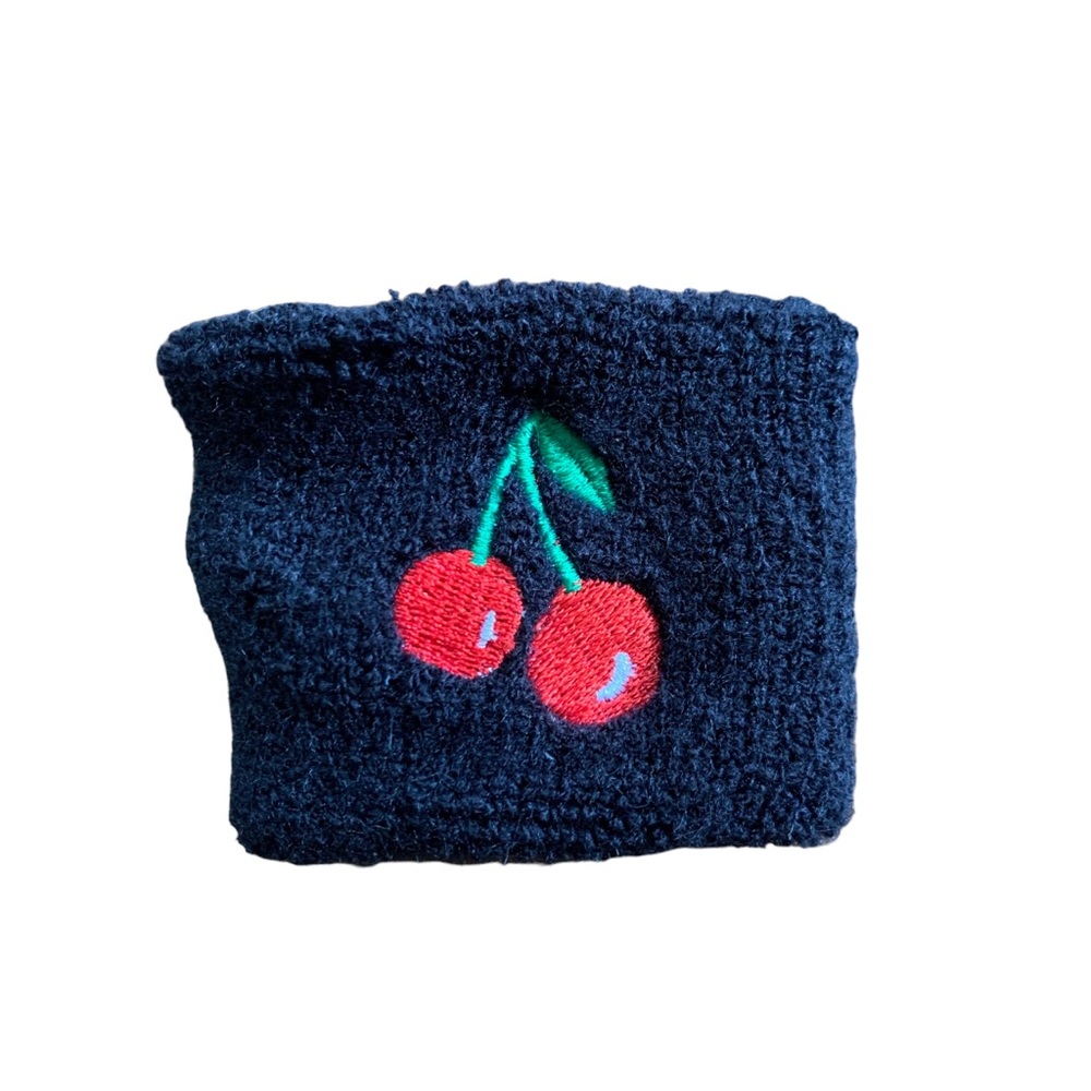 Vintage Cherry Embroidered Terrycloth Sweatband Wristband Black & Red Sporty Y2K
